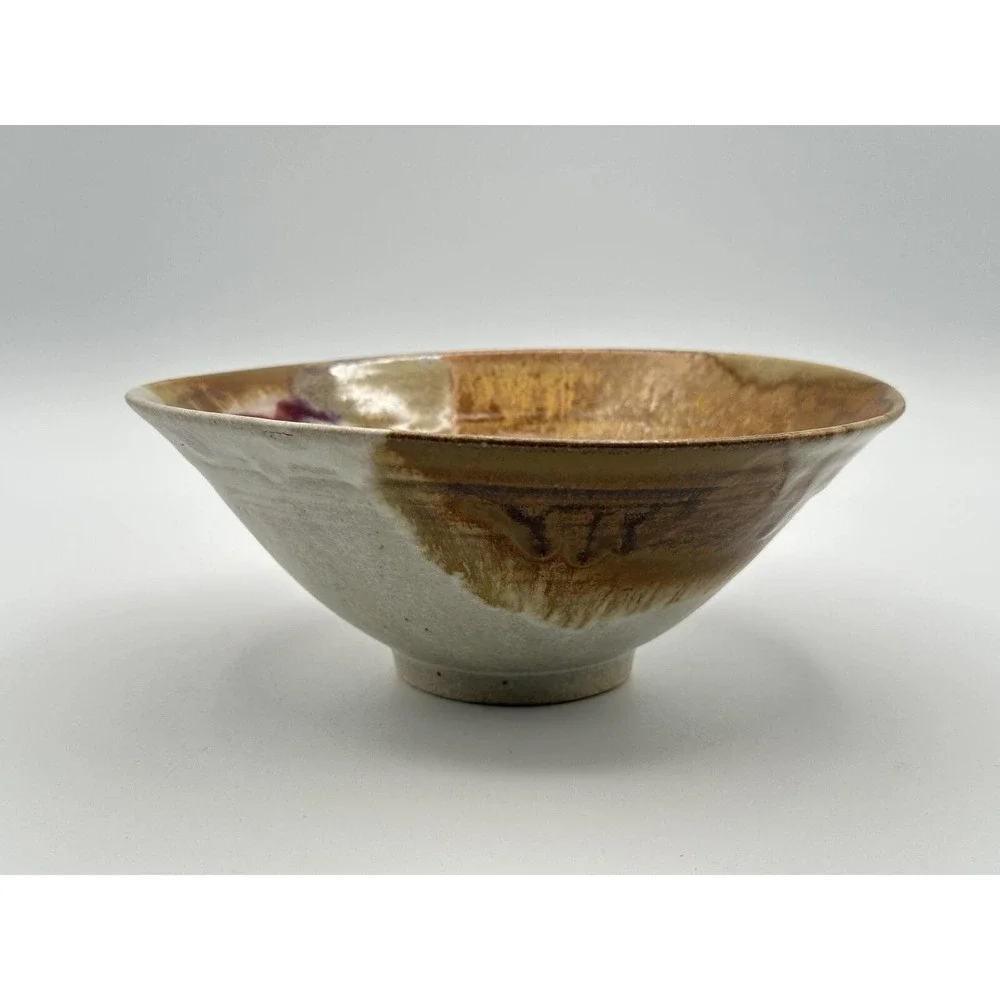 Artist‑Signed Handmade Pottery Bowl — Multicolor Earth‑Tone Glaze